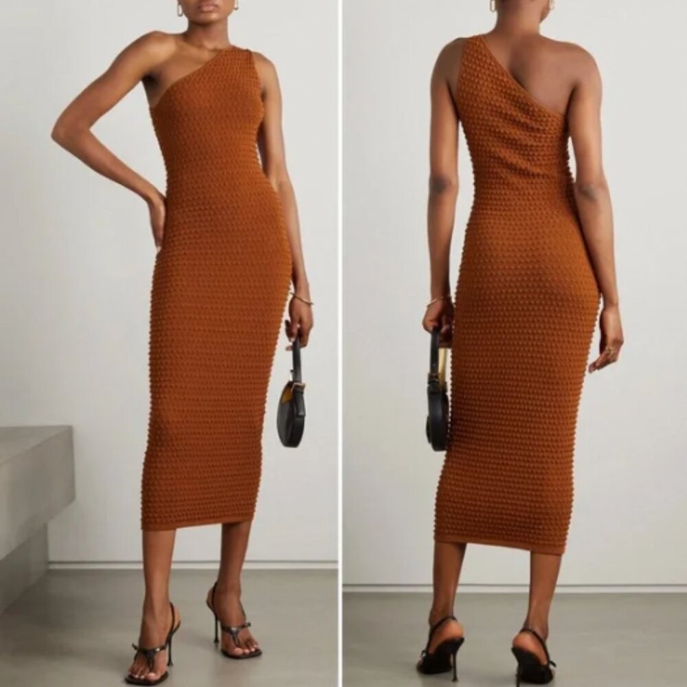Helmut Lang Copper One-Shoulder Textured Knit Midi Dress